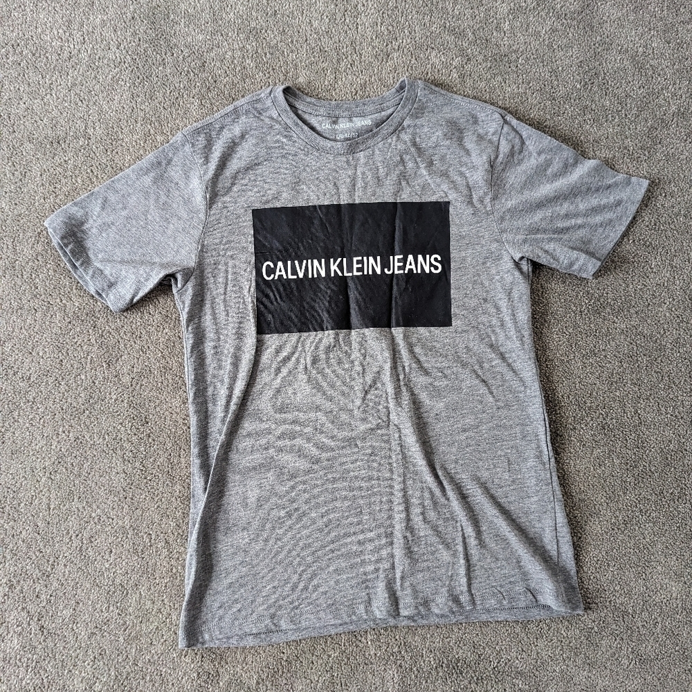 Calvin Klein Jeans Gray Color Block Logo Print Tshirt Boy 10-12 Youth Size Large